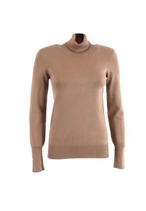 Beige Rollkragenpullover aus weichem Strickstoff mit langen Ärmeln und Knopfakzenten an den Bündchen sowie einer figurnahen Silhouette.