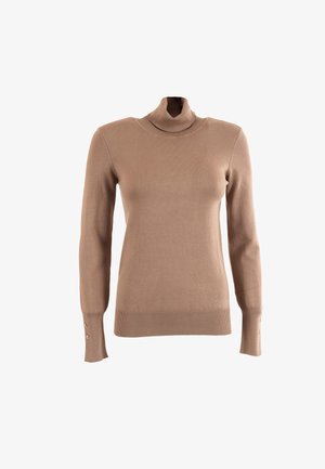 Beige turtleneck sweater made of soft knit fabric, featuring long sleeves with button accents on cuffs and a fitted silhouette.