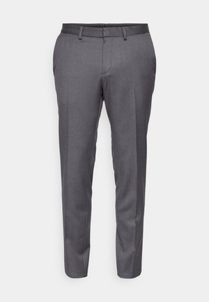 Gray tailored trousers made of textured fabric, featuring a straight leg design and subtle crease detail on the front.