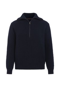 Maglione a coste di un blu navy con maniche lunghe e colletto a mezza zip, progettato per offrire calore e per un abbigliamento casual.