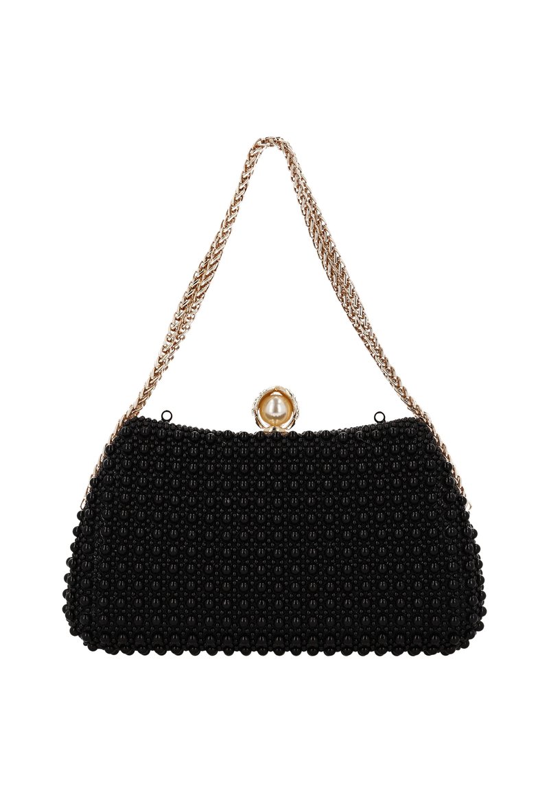 Sort perlebesat håndtaske med en struktureret form, der har en kæde i gylden tone og en rund lås med en perleudsmykning.