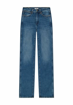 Blå lige jeans med fem lommer, knap- og lynlåslukning samt et Wrangler-label i taljen.