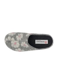 Gray felt slipper with a floral pattern in white and pink. Closed-back design with a soft interior and black insole.
