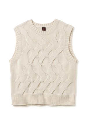 Gilet sans manches en tricot de couleur crème avec un motif en torsades et des bords côtelés au col, aux emmanchures et à l'ourlet.