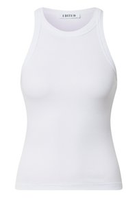 Weißes, geripptes Tanktop mit hohem Kragen und ärmellosem Design. Hergestellt aus elastischem Material, hat es eine figurbetonte Silhouette und einen sauberen Saum.