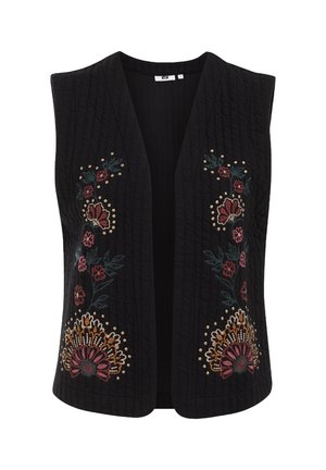 Chaleco negro acolchado con bordado floral en rojo, naranja y teal. Presenta un diseño de frente abierto y sin mangas, mostrando un bordado detallado.