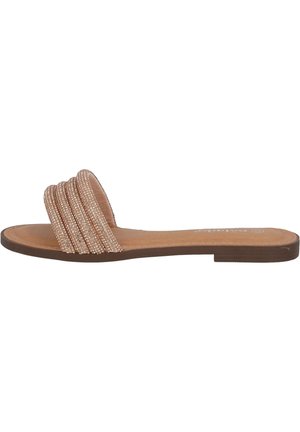 Sandaal met straps en drie rijen metalen kralen, tan synthetische voetbed, platte zool en een minimalistisch ontwerp.