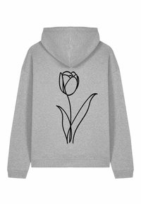 Felpa grigia chiara con un disegno a linee nere di un fiore di tulipano sul retro, che mostra il fiore e due lunghe foglie.