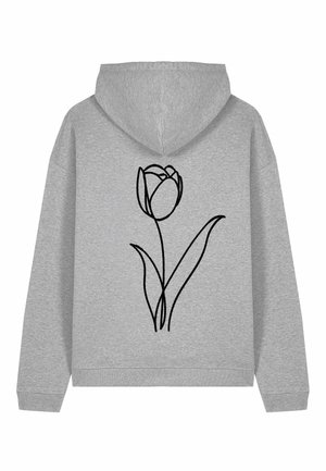 Ljusgrå hoodie med en svart linritning av en tulpanblomma på ryggen, som visar blomman och två långa blad.