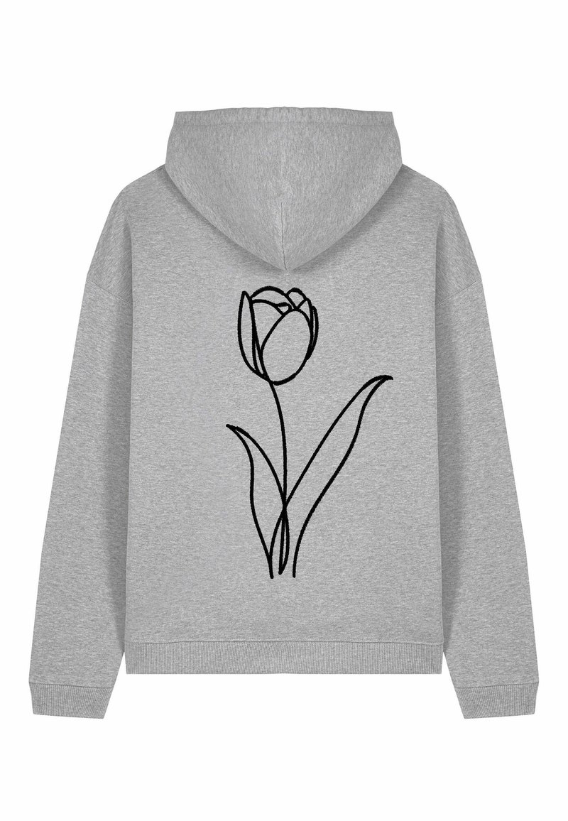 Felpa grigia chiara con un disegno a linee nere di un fiore di tulipano sul retro, che mostra il fiore e due lunghe foglie.