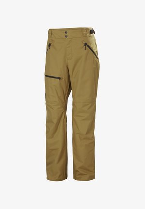 Wodoodporne, brązowe spodnie narciarskie o prostym kroju, z widocznymi kieszeniami na zamek błyskawiczny oraz zapięciem na guzik/naszywkę w talii, zapewniającym pewne dopasowanie.