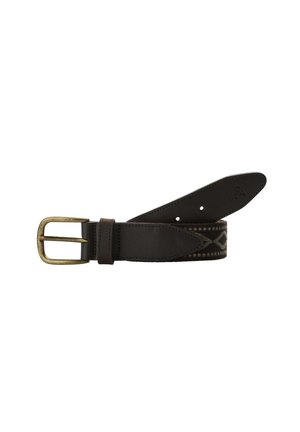 Brown leather belt with a brass buckle, featuring a textured design and decorative stitching. Ends taper with multiple holes for adjustment.