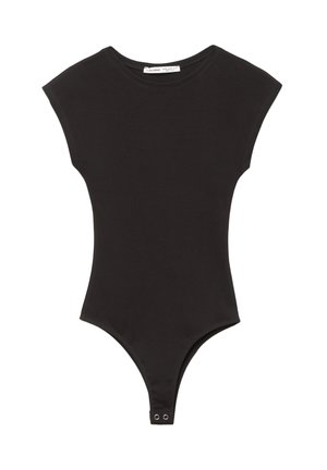 Body nero realizzato in materiale morbido, con maniche corte, design aderente e chiusura a scatto sul fondo per una facile vestibilità.
