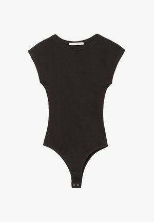 Zwart rompertje van zacht materiaal, met korte mouwen, een aansluitend ontwerp en een drukknoopsluiting onderaan voor eenvoudig aan- en uittrekken.
