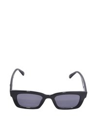 Zwarte rechthoekige zonnebril met donkere lenzen, glanzend kunststof montuur en gebogen pootjes. Opmerkelijk door de slanke lijnen en minimalistisch ontwerp.