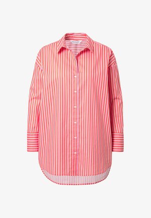 Camicia con bottoni e maniche lunghe, caratterizzata da strisce verticali rosse e bianche. Il tessuto è liscio e il design include un colletto classico e un orlo arrotondato.