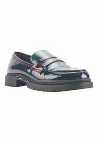 Navy patent leather loafers with a green glossy overlay, featuring two decorative burgundy straps and a thick black rubber sole.