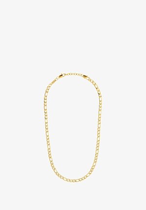 Collar de cadena de oro con eslabones ovalados entrelazados y un cierre seguro. Textura suave con un acabado brillante.