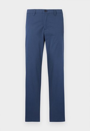 Pantalon bleu marine à jambes droites avec passants de ceinture, fermeture avant à bouton, et poches latérales, présenté sur fond blanc.