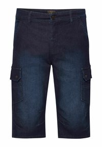Shorts cargo en denim foncé avec deux poches latérales, une fermeture éclair, un bouton et un léger délavage. Coupure mi-longue avec des coutures renforcées.