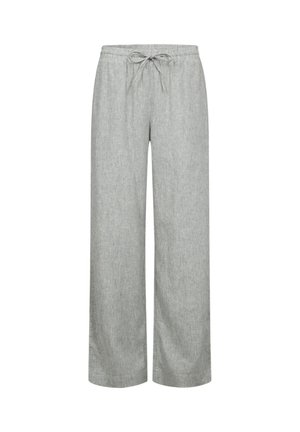 Lichtgrijze wijde broek met elastische tailleband en vooraan trekkoord, gemaakt van zachte, gestructureerde stof.