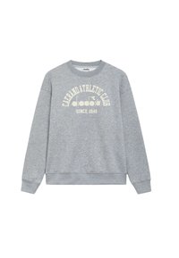 Felpa grigia in misto cotone con collo tondo, maniche lunghe, polsini e orlo a coste, con la scritta "Clever Athletic Club" stampata in crema.