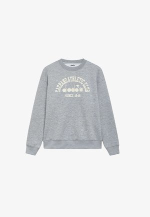 Completo felpa grigia con pantaloni della tuta, caratterizzato da un collo rotondo, vestibilità ampia e stampa grafica frontale. Materiale morbido, con una texture simile al pile.