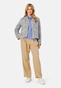 Gesteppten blauen Jacke mit weißen Akzenten und Toggle-Verschlüssen, kombiniert mit einem hellblau gestreiften Hemd und beigen weit geschnittenen Hosen. Weiße Sneakers runden den Look ab.