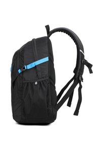 Zaino in tessuto nero con tasca laterale in rete e dettagli blu. Presenta spallacci imbottiti e uno schienale testurizzato per il comfort. Inclusi elementi di regolazione.