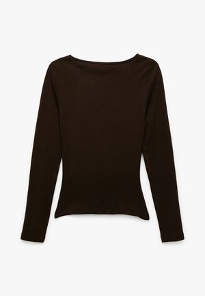 Long-sleeve brown top with a round neckline, fitted design, soft texture, and curved hem. No visible prints or embellishments.