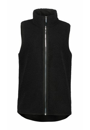Zwarte fleece vest met hoge kraag, volledige ritssluiting en een textuur. Geen mouwen en een licht gebogen zoom aan de onderkant.