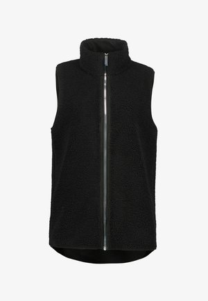 Gilet en polaire noir avec col montant, fermeture éclair sur toute la longueur et surface texturée. Sans manches et avec un ourlet légèrement courbé en bas.