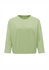 Hellgrüner, gerippter Pullover mit Rundhalsausschnitt und Dreiviertelärmeln. Hat eine lockere Passform und dezente vertikale Streifen.