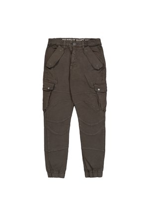 Pantalons cargo en tissu vert olive foncé avec plusieurs poches, des poignets élastiques et des détails de couture courbes sur les jambes.