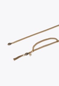 Catena tono oro con design a maglie unite, con dettagli in metallo e un nappino a un'estremità. Texture liscia con finitura lucida.