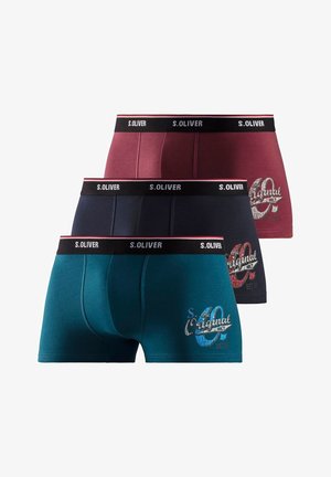 Teal cotton boxer briefs with a black waistband featuring "S. OLIVER" in white and red accents, displaying a graphic logo near the hem.