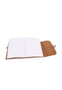 Brown suede notebook cover with an open spine, revealing white blank pages. The inside cover features a smooth texture.