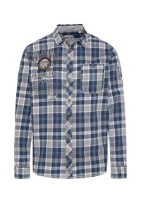 Langarm-Hemd mit karierter Musterung in Blau und Grau, mit Knopfleiste, einer Brusttasche und bestickten Text- und Logodetails.