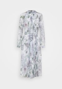 Robe midi à manches longues, plissée, col montant et imprimé floral discret dans des tons de blanc, gris et vert sur tissu clair.