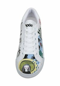 White sneaker with multicolored artistic prints, featuring a girl's face, green accents, and various graphic designs on the side panels.