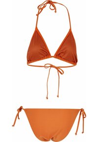 Oranje bikini set met een driehoekig bovenstuk met strikjes en een bijpassende onderkant met zijstrikjes. Gladde stof en een eenvoudig ontwerp.