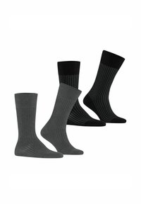 Quatre paires de chaussettes, deux en gris foncé avec des côtes verticales et deux en noir avec un motif en quadrillage. Texture douce, hauteurs variées.