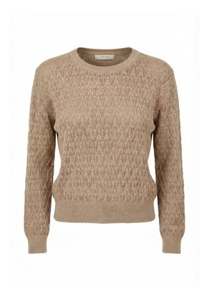 Maglione beige a maniche lunghe lavorato a maglia con un delicato motivo in pizzo, scollo tondo e polsini e orlo a coste.