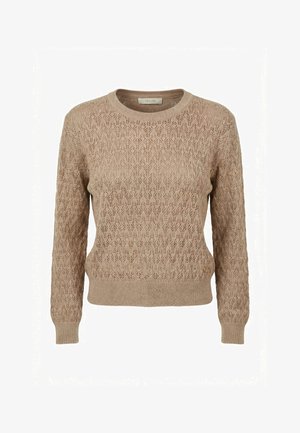 Beige gebreide trui met lange mouwen, een fijn kanten patroon, een ronde halslijn en geribbelde boorden en zoom.