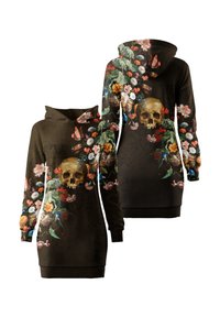 Schwarzes Hoodie-Kleid mit einem zentralen goldenen Schädel, umgeben von bunten Blumendesigns. Mit Kapuze und langen Ärmeln gestaltet.