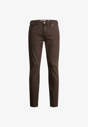 Jeans in denim marrone con una vestibilità slim, design a cinque tasche, chiusura zip e bottone in argento. Tessuto liscio con dettagli di cucitura delicati.
