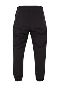 Pantaloni jogger ușori, negri, cu talie elastică și mansete, având două buzunare pe spate și un finisaj texturat al materialului.
