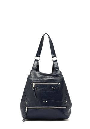 Navy leather tote bag with two zipped front pockets, silver hardware, and textured accents. Two shoulder straps for carrying convenience.
