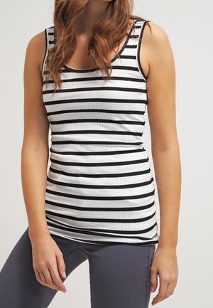 Zwart-wit gestreept tanktop met een geribbelde textuur, ronde halslijn en brede schouderbanden. Getailleerd ontwerp, gladde stof.