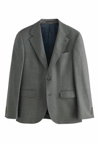 Gray patterned blazer featuring a notch lapel, single button closure, two front pockets, and textured fabric with a smooth inner lining.
